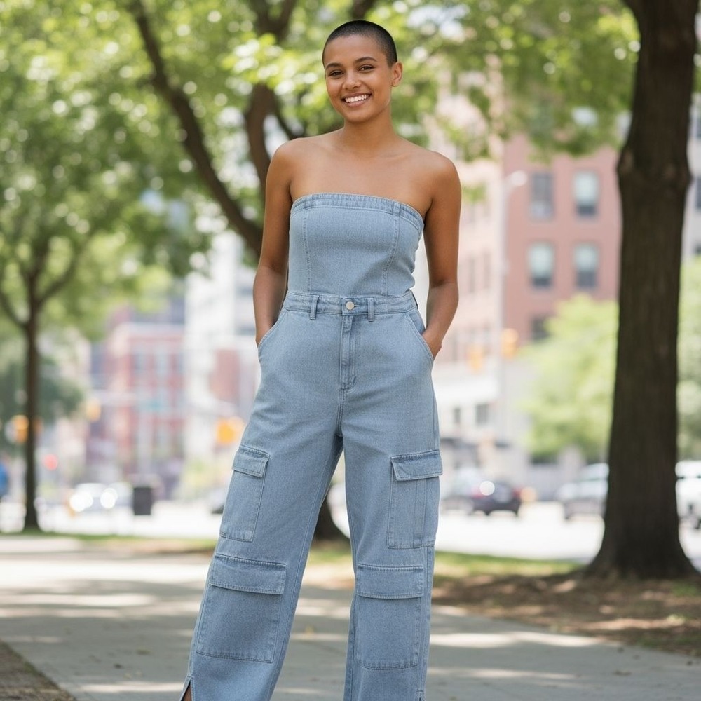 👖‎ Blush Mark Denim Strapless Cargo Jumpsuit with Snap Details – Wide Leg  SZ M
